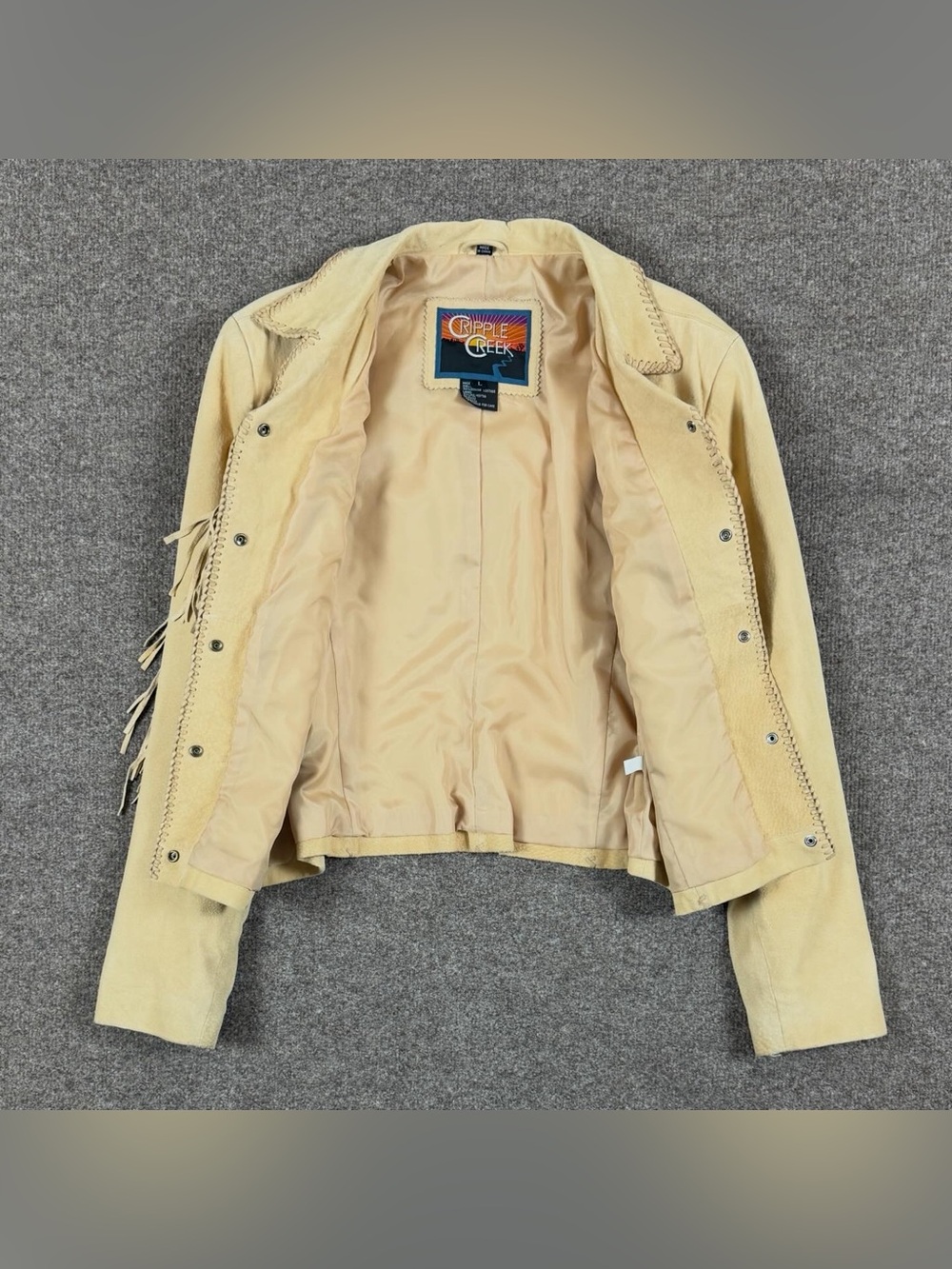 Cripple Creek Tan Suede Leather Fringe Western Jacket Womens L Beaded Medallions - Picture 4 of 15